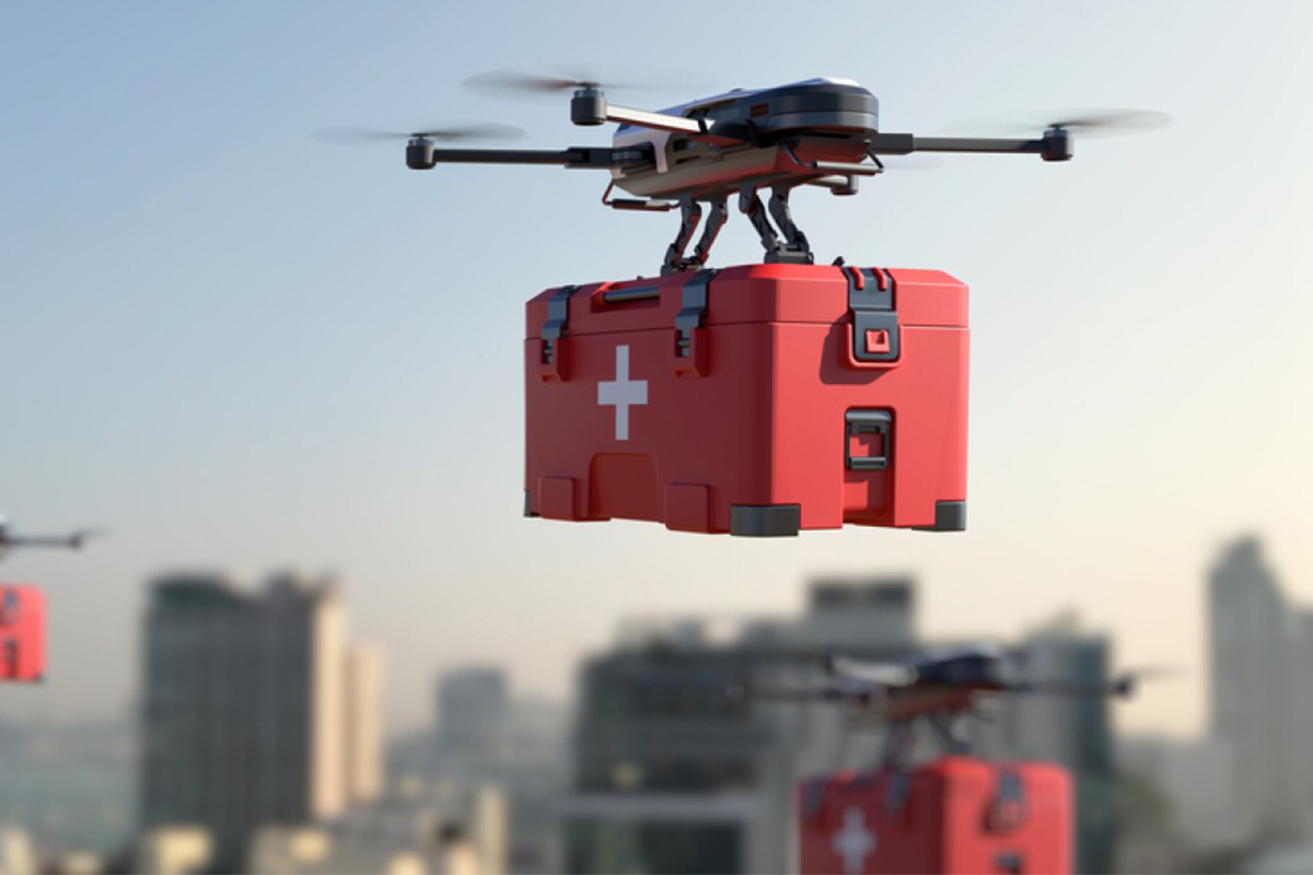 Delivery drone carrying a medical supply box